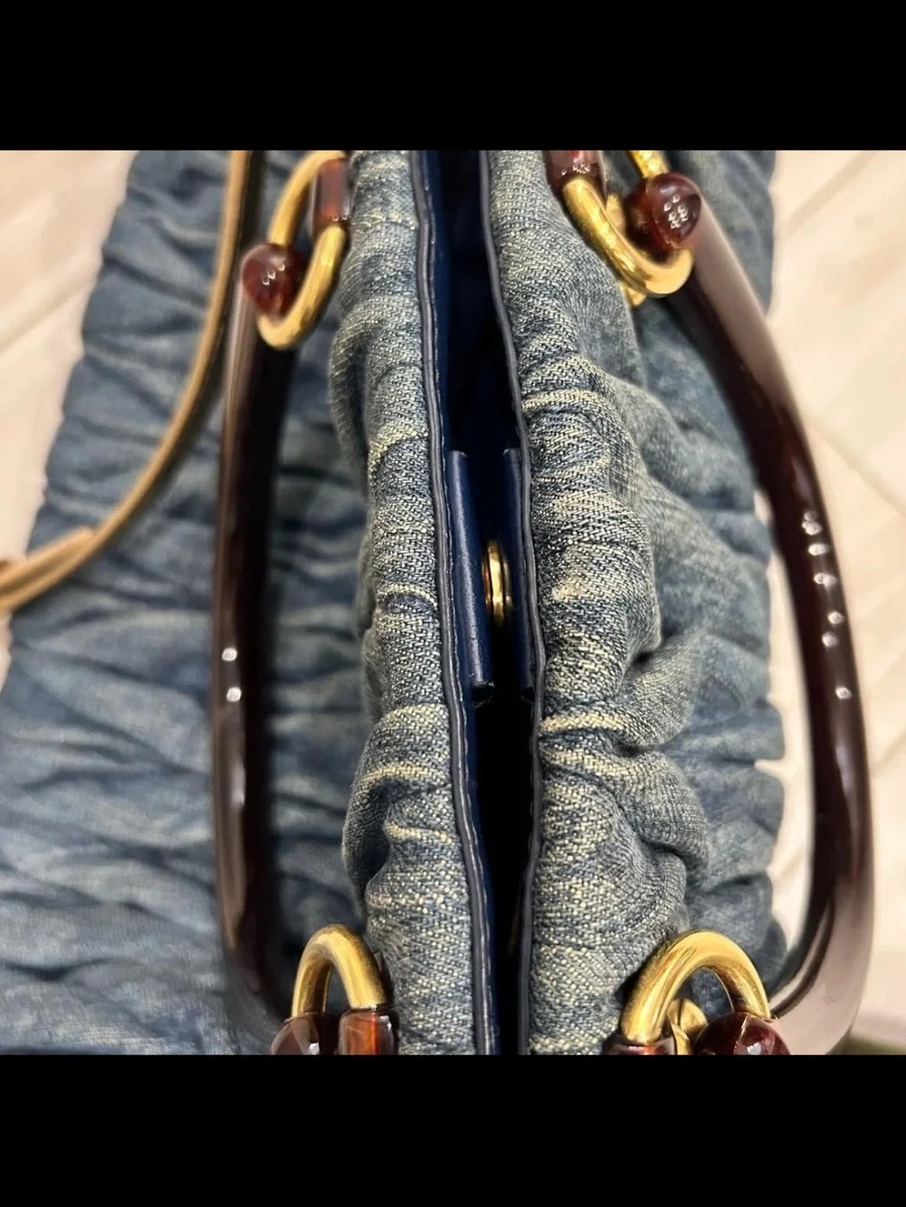 Miu Miu Blue Denim Matelassé Tote with Gold Hardware